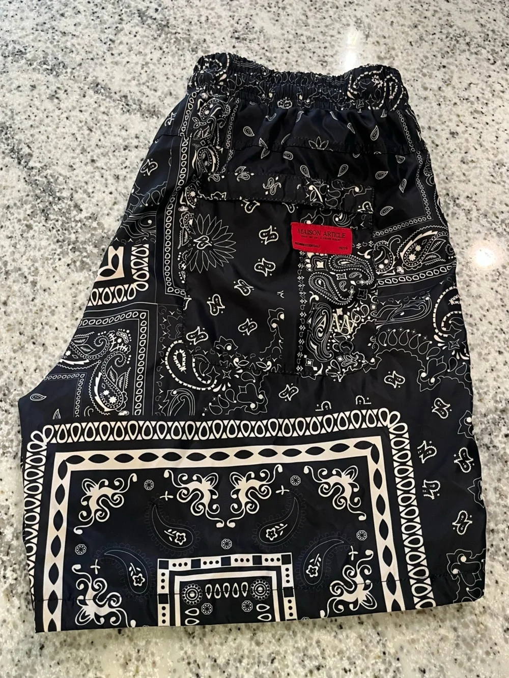 Maison Article Men’s XL 6” Inseam Swim Shorts Black & White Bandana Premium Esse